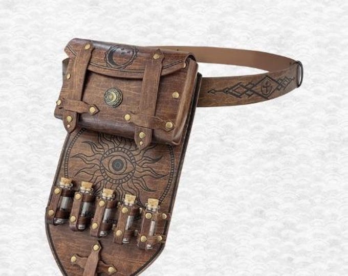 3 PCS Medieval Leather Belt Bag Set with 5 Potion Bottles for Wizard LARP & Renaissance Fair Costumes