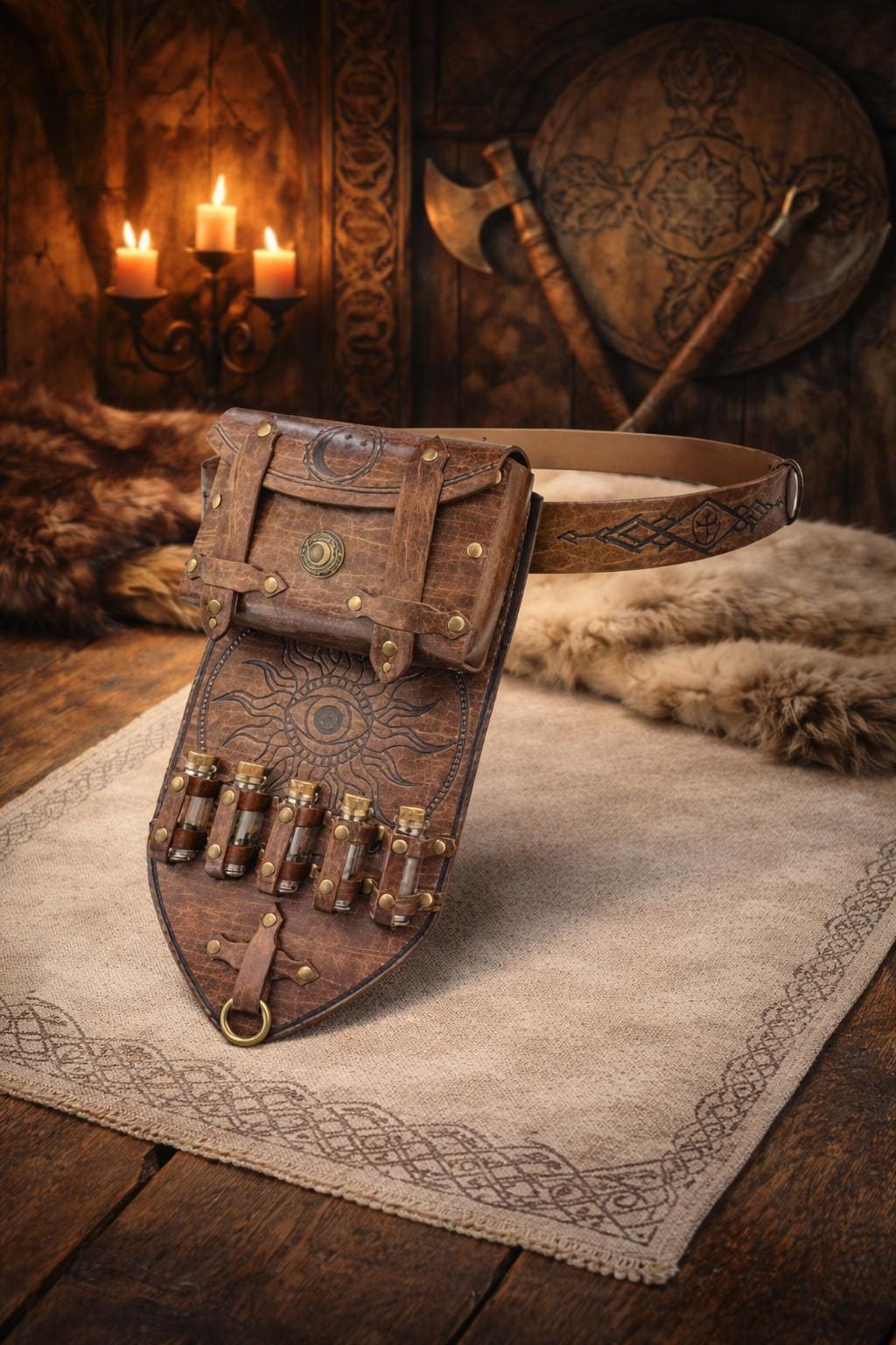 Medieval Leather Belt Pouch Set With Potion Bottles for  display picture 1