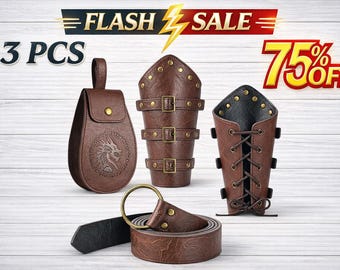 Viking Costume Accessories Set – Faux Leather Belt, Pouch & Wrist Bracers