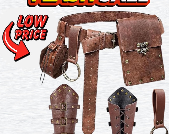 Handmade Viking Leather Bracers & Belt Pouch Set: Renaissance  | Halloween Cosplay, LARP Gear, Fantasy Waist Bag
