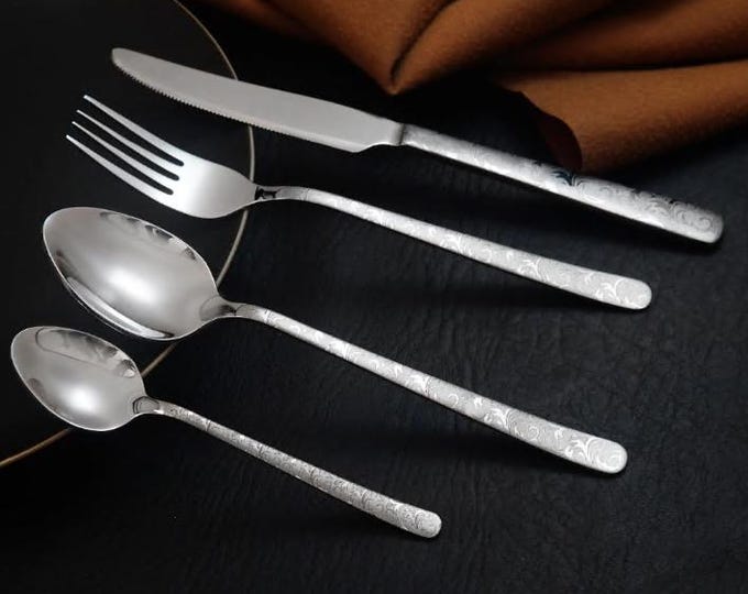 Silverware Flatware Set of 24-Piece - Antique Silver plated Teaspoon Set Service for 6, Stainless Steel Serving Cutlery Set, Wedding gift