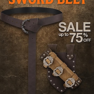 Puede incluir: Un cinturón de espada vikingo de cuero marrón oscuro con una hebilla decorativa. La imagen también muestra una funda de cuero a juego con tres hebillas plateadas ornamentadas. Texto: "VIKING SWORD BELT" y "SALE up to 75% OFF".