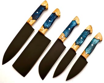 Professional Kitchen Knives Custom Made Damascus Steel 5 pcs of Utility Chef Knife Set with Chopper/Cleaver Pocket Case Roll kit