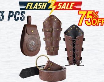 Viking Costume Accessories Set – Faux Leather Belt, Pouch & Wrist Bracers