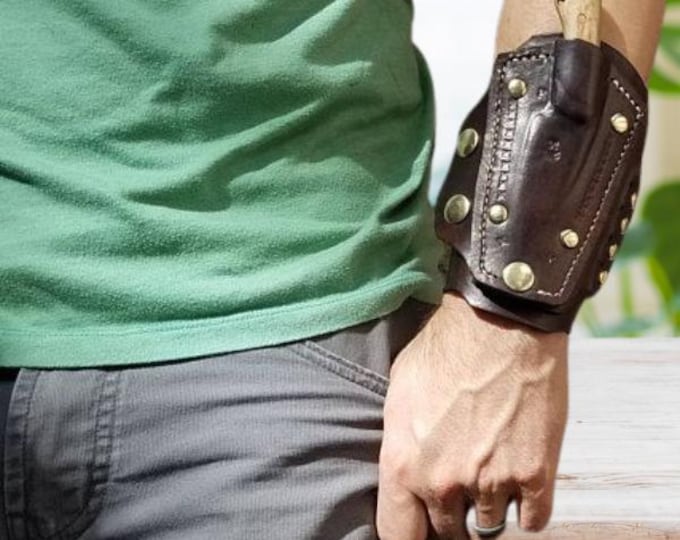Viking Cuff Sheath with Knife - Hidden Blade , Handmade Leather Wrist Cuff with Knife Holder, Ankle Knife