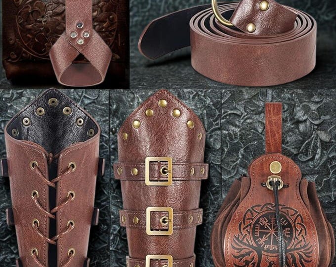 5Pcs Costume Accessories Set - Belt Pouch & Leather Bracers for Halloween LARP Cosplay