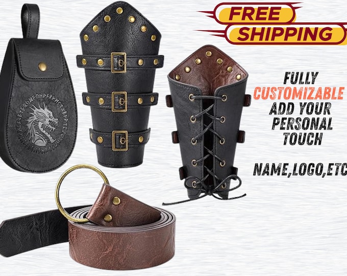 Fully Customizable Renaissance accessory set, Leather Bracers, VIKING Belt, Medieval Belt Pouch, LARP, Knights & Pirate Cosplay