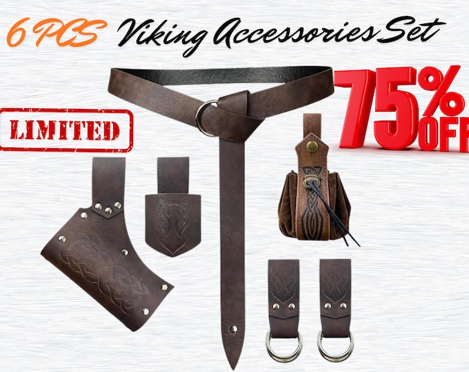 6-Piece Renaissance Costume Accessories Set – Viking Sword Frog, Pouch, Skirt Clip, Horn Holster, Leather Belt for Cosplay & LARP