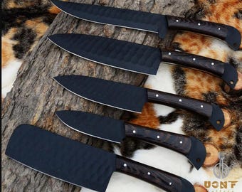 Black Powder Coated Chef Knife Set of 5, Hand-Forge BBQ Knifes, Kitchen Knives, Birthday Anniversary Gift for Him