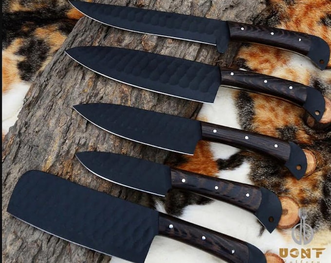 Black Powder Coated Chef Knife Set of 5, Hand-Forge BBQ Knifes, Kitchen Knives, Birthday Anniversary Gift for Him
