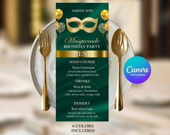 May include: A green and gold menu card for a masquerade birthday party. The card features a gold mask, balloons, and the text "Masquerade Birthday Party" and "Menu".