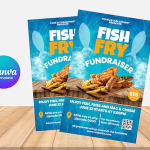Op de afbeelding: Twee blauwe flyers die een Fish Fry Fundraiser promoten. De flyers tonen afbeeldingen van gebakken vis, friet en de tekst "FISH FRY FUNDRAISER". Extra tekst geeft de datum, tijd en locatie van het evenement.