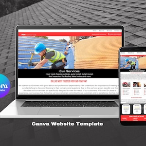 Puede incluir: Una plantilla de sitio web para una empresa de techado. La plantilla presenta una foto de un techador trabajando en un techo, y texto que dice "Nuestros servicios" y "Dallas Most Trusted Roofing Company".