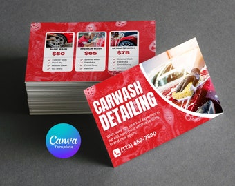 May include: Red and white business card with the text "Carwash Detailing" and a phone number. The card also has a price list for different car wash services, including a basic wash for $50, a premium wash for $65, and an ultimate wash for $75.