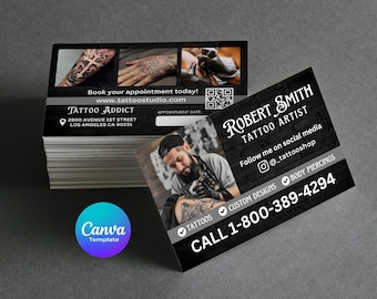 May include: Black and white business card with a photo of a tattoo artist working on a client's arm. The card includes the text "Robert Smith Tattoo Artist", "Follow me on social media @_tattooshop", "Tattoos", "Custom Designs", "Body Piercings", and "Call 1-800-389-4294".