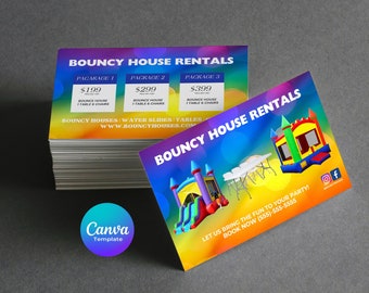 May include: A colorful flyer advertising bouncy house rentals. The flyer features a cartoon image of a bouncy house with a slide and a table and chairs. The text on the flyer reads "BOUNCY HOUSE RENTALS" and includes contact information and pricing for different rental packages.