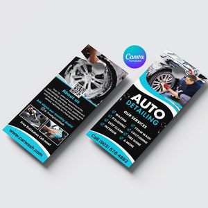 Puede incluir: Un colgador de puerta negro y azul anuncia servicios de detallado de automóviles. El texto dice "Auto Detailing" y enumera servicios como encerado, pulido, limpieza profunda, interior, aspirado, lavado con espuma, brillo de neumáticos y más. El número de teléfono (903) 578-4892 también está incluido.