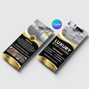 May include: Two door hanger advertisements for Luxury Epoxy Floors. The design features black and gold accents with the text "Luxury Epoxy Floors" and a list of services. One hanger includes the text "About Us" and "Benefits of Epoxy Floors".