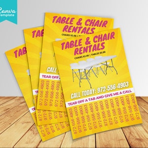 Tisch und Stuhl Mieten Tear off a Tab Flyer Vorlage, Tisch und Stuhl Miete Flyer