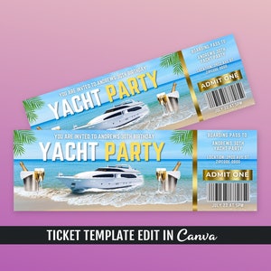 Yacht Party Ticket Vorlage, Yacht Geburtstagsparty Ticket Vorlage, Yacht Geburtstagsfeier einladen