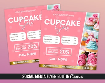 May include: Pink flyer with white text advertising a cupcake sale. The flyer features images of cupcakes with pink, blue, and yellow frosting. The text reads "Cupcake Sale" and "Customer Discount 20%". The flyer also includes the business name, website, and phone number.