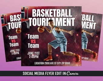 May include: A basketball tournament flyer with a red and black background featuring a basketball player in action. The flyer includes the text "Basketball Tournament", "Team vs Team", "June 21st 2:00PM", and "Location: 2900 Ave St City Zip 0000".
