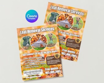 May include: A flyer advertising leaf removal services. The flyer features a photo of a rake and a leaf-filled yard. The text on the flyer reads "Leaf Removal Services" and "Got Leaves? Let us do the dirty work!" The flyer also lists a phone number for free quotes.