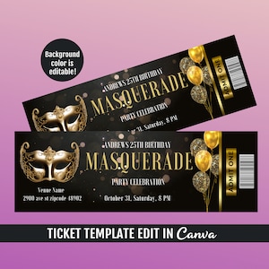 Masquerade birthday ticket template, Masquerade Ball Ticket template, Masquerade Birthday Invite