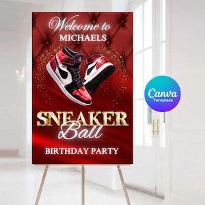 Könnte beinhalten: Eine rote und goldene Geburtstagseinladung mit dem Text "Willkommen zu Michaels Sneaker Ball Birthday Party". Die Einladung zeigt ein Paar rote und schwarze Sneaker mit goldenen Akzenten.