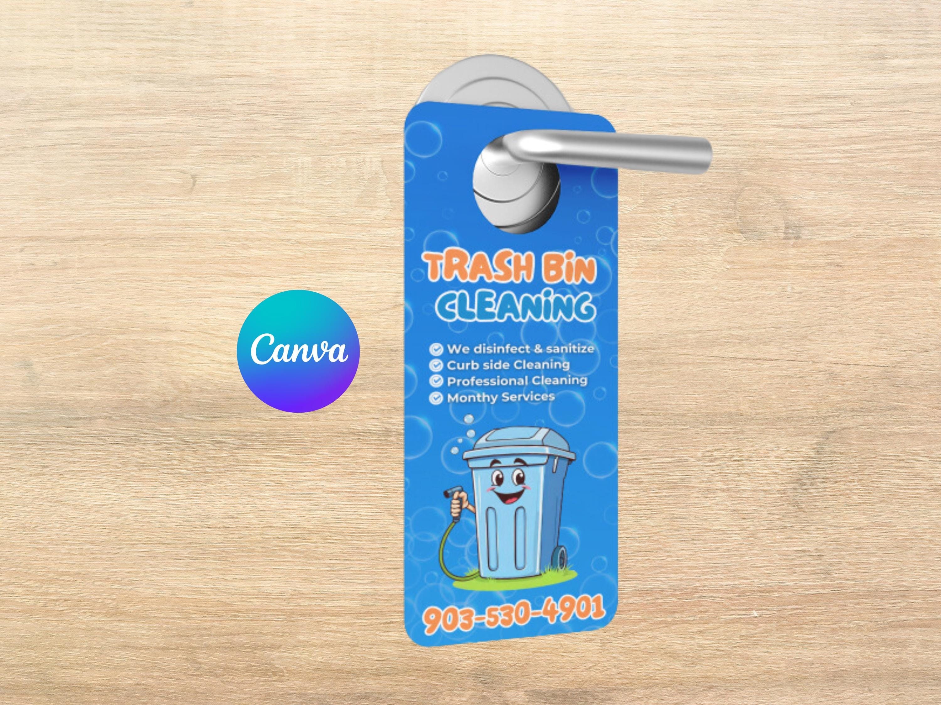 Plantilla para colgar en la puerta con cartel de limpieza de contenedores de basura, diseño frontal y posterior, editable en Canva