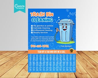 May include: A blue flyer with the text "TRASH BIN CLEANING" and a cartoon trash bin with a smiling face. The flyer lists services like disinfecting and curb-side cleaning. Contact information is provided.