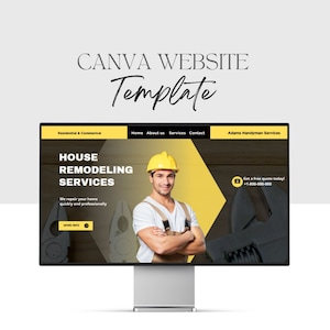 Peut inclure: Un écran d'ordinateur affiche un modèle de site web pour les services de rénovation de maison. Le site web présente un homme de métier souriant portant un casque jaune. Le texte comprend "HOUSE REMODELING SERVICES".