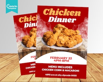 May include: A red poster with white text advertising a chicken dinner on February 22nd from 4pm to 8pm. The poster includes a photo of fried chicken on a white plate with steam rising from it. The text on the poster reads "Chicken Dinner", "February 22 4PM-8PM", "Menu Includes Chicken Corn & Macaroni", and "4890 ave st city zipcode 0000".
