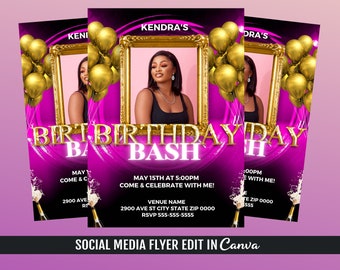 May include: A pink and gold birthday party invitation with a photo of a woman in a black top. The text reads "Kendra's Birthday Bash" and includes the date, time, and location of the event.