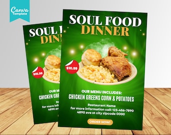 Może przedstawiać: Dwa zielone ulotki Soul Food Dinner na drewnianym tle. Ulotki przedstawiają talerz z jedzeniem z smażonym kurczakiem, mac and cheese i herbatnikami. Tekst zawiera "Soul Food Dinner", "Chicken Greens Corn & Potatoes" i wezwanie do zamówienia.