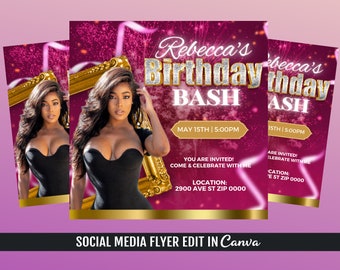 May include: A pink and gold birthday party invitation with a photo of a woman in a black dress. The text reads "Rebecca's Birthday Bash" and includes the date and time of the event: May 15th at 5:00 PM. The invitation also includes the location: 2900 Ave St Zip 0000.