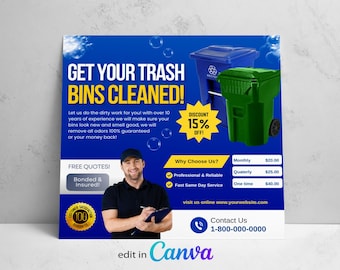 May include: A blue and yellow flyer advertising trash bin cleaning services. The flyer features a photo of two trash bins, one blue and one green, and a man holding a clipboard. The text on the flyer reads "Get Your Trash Bins Cleaned!" and includes a discount offer of 15% off. The flyer also lists pricing for monthly, quarterly, and one-time service.