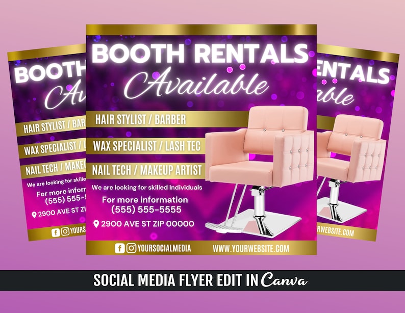 May include: A flyer advertising booth rentals for hair stylists, lash technicians, makeup artists, and nail technicians. The flyer features a pink salon chair with a gold and purple background. The text "Booth Rentals Available" is in a large, white font. The flyer also includes contact information and social media links.
