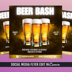 Op de afbeelding: Een flyer voor een bierfeest met een zwarte achtergrond en een gele gloed. Drie glazen bier staan in het midden van de flyer. De tekst "BEER BASH" staat bovenaan de flyer. De tekst "JULY 23 8PM" staat rechtsboven op de flyer. De tekst "TICKETS €12" staat linksboven op de flyer. De tekst "BEER BASH | LIVE MUSIC | DJ KALONJE 2900 AVE ST ZIP 0000" staat in het midden van de flyer. De tekst "YOURSOCIALMEDIA WWW.YOURWEBSITE.COM" staat onderaan de flyer.