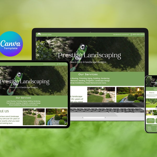 Lawn Care website canva template, Landscaping website canva template