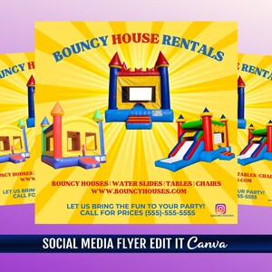 May include: A yellow and red social media flyer advertising bouncy house rentals. The flyer features images of different bouncy houses, including a castle-shaped bouncy house with a slide. The text on the flyer reads "BOUNCY HOUSE RENTALS" and includes contact information and a website address.