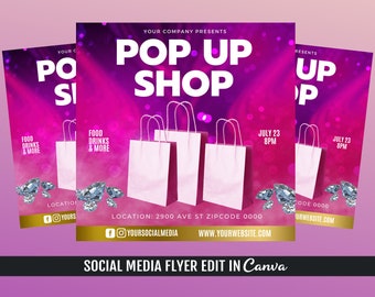 Op de afbeelding: Een roze en paarse flyer met de tekst "Pop Up Shop" in wit. De flyer toont drie witte boodschappentassen en de tekst "July 23 8PM" en "Location: 2900 Ave St Zipcode 0000".
