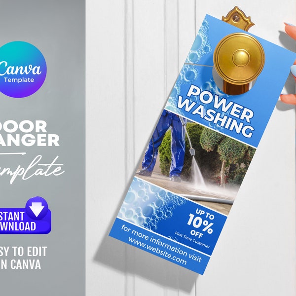 Power washing door hanger template, Pressure washing door hanger template, Front and Back design, Editable in Canva