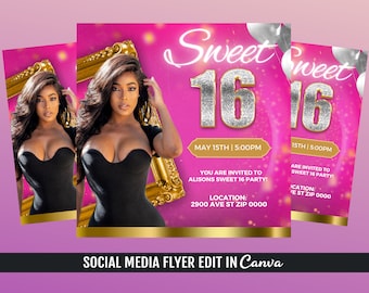 May include: Pink and silver Sweet 16 party invitation with a photo of a woman in a black dress. The text reads "Sweet 16", "May 15th | 5:00PM", "You are invited to Alisons Sweet 16 Party!" and "Location: 2900 Ave St Zip 0000".