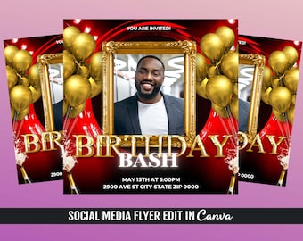 May include: A red and gold birthday party invitation with the text "Birthday Bash" and a photo of a man in a gold frame. The invitation includes the date, time, and address of the party. The text "You Are Invited!" is at the top of the invitation.