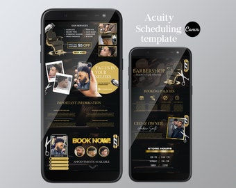 May include: A black and gold mobile website design for a barbershop. The website features a barber chair, scissors, and a photo of the owner. The text on the website includes "Barbershop", "Haircuts & Shaves", "Booking Policies", "CEO & Owner", "Store Hours", and "Book Now!"