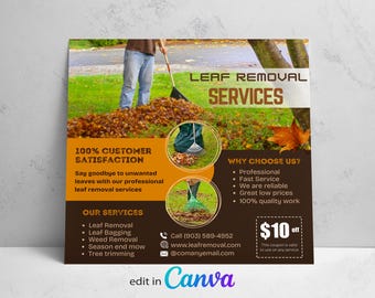 May include: An advertisement for leaf removal services. The image shows a person raking leaves, with text highlighting services like leaf removal, bagging, and weed removal. The ad promises 100% customer satisfaction.