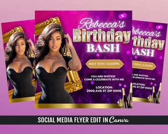 May include: Purple and gold birthday party invitation with a photo of a woman in a black dress. The text reads "Rebecca's Birthday Bash" and includes the date and time of the event. The invitation also includes the location of the event.
