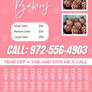 May include: A pink and white flyer with the text "ASHLEYS Bakery" in large white letters. The flyer advertises chocolate-covered strawberries and lists prices for small, medium, and large cakes. The phone number 972-556-4903 is printed in large white letters and repeated multiple times at the bottom of the flyer.
