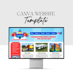 May include: A website template for a bounce house rental company called Lisa's Bouncy Rentals. The website features a cartoon castle with balloons, a navigation bar with links to Home, About Us, Rentals, Reviews, and Contact, and a section highlighting water slides, tables and chairs, and bounce houses.